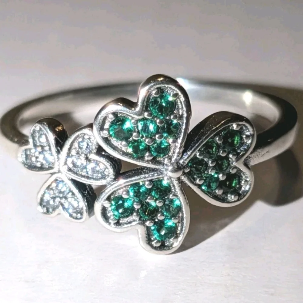 St Patrick Shamrock Irish Green CZ Flower Lucky Clover Ring 925 Sterling Silver